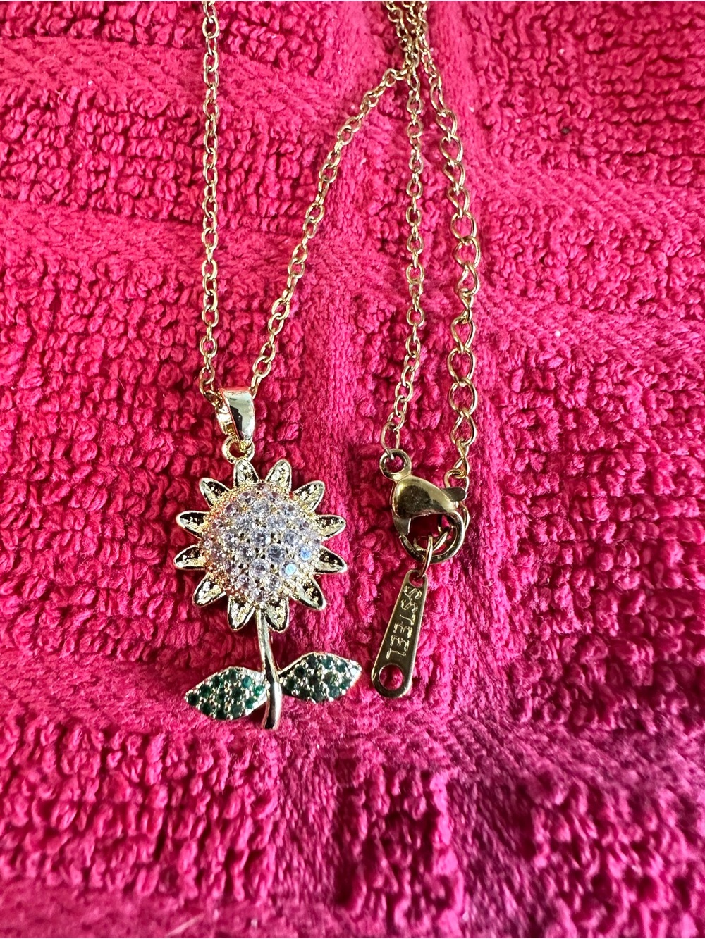 Gold-Tone Sunflower Pendant Necklace with Clear and Green Stones 17